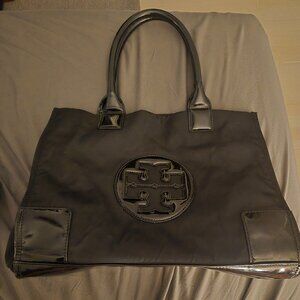 Tory Burch black nylon patent leather trim tote purse